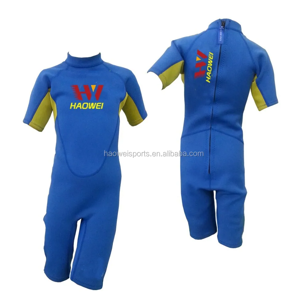 Kids shorty surf wetsuit in blue color with high elastic neoprene suit in SBR SCR CR neoprene with short sleeves