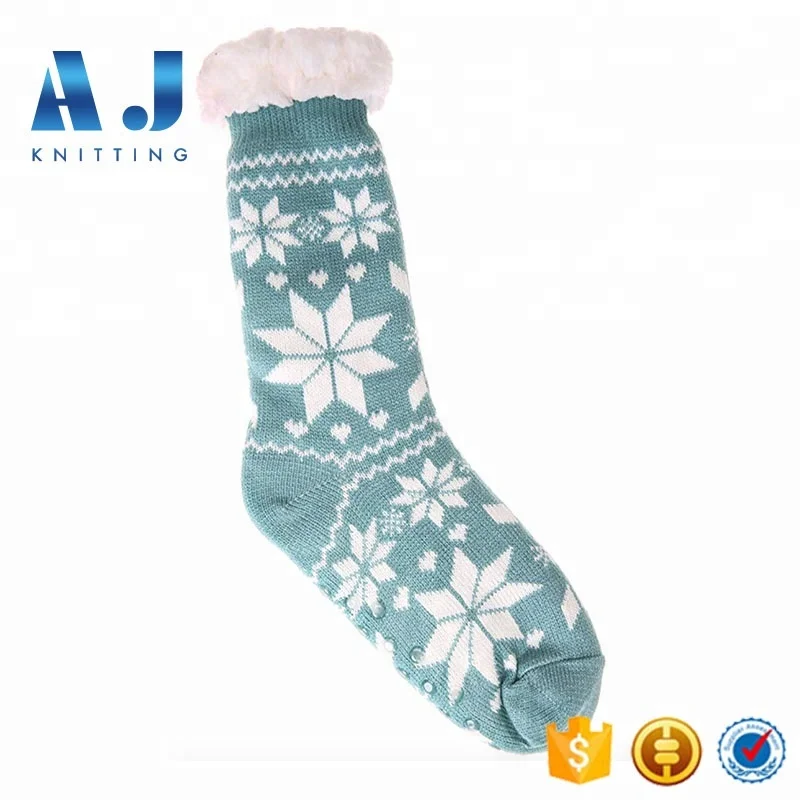 AJ18200 Wholesale Thick Sherpa Fleece lined Non Skid Fuzzy Slipper Socks for Women