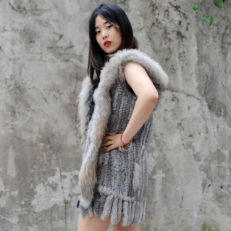 CX-G-B-75B New Knit Rabbit Fur Long Ladies Top Fur Vest