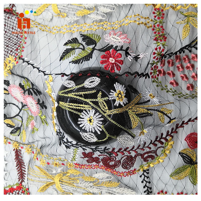 HLPD301 Mesh Custom 3D flower Embroidery Multi Color African Color Tulle Lace Fabric for Dress