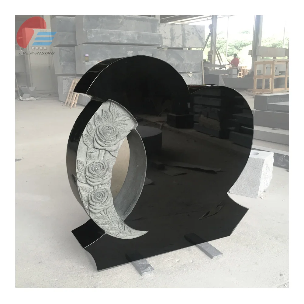 Black Granite Heart Shaped Headstone Rose Carving Monument