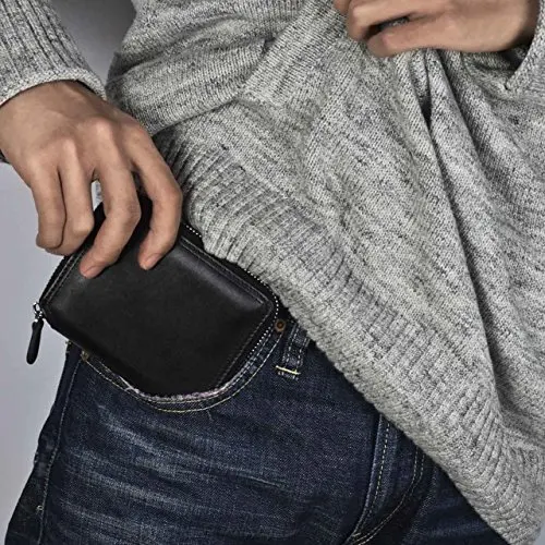 Large Capacity Men RFID Blocking Wallet Genuine Full Grain Black Leather with Zip Around Opening Trifold