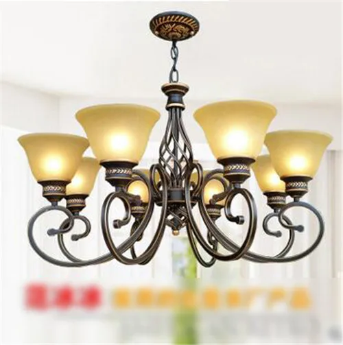 Vintage Wrought Iron Glass European Chandelier