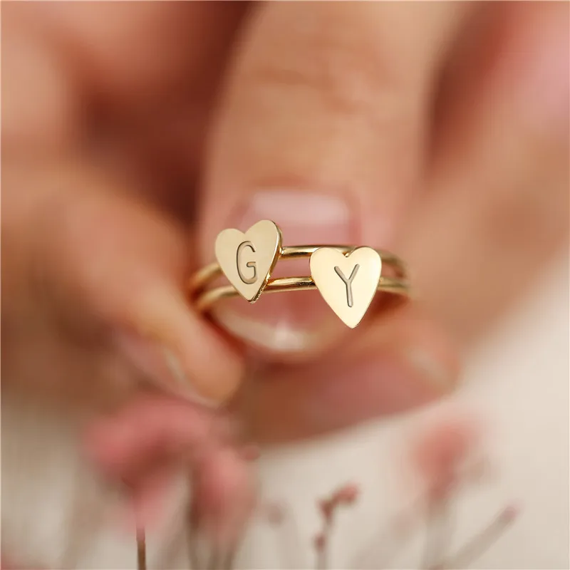 
Simple Hand Stamped Stacking Monogram Ring Initial Heart Drop Engraved Letter Gold Color Ring Gift for Women Jewelry 