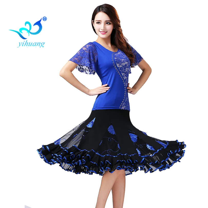 Ballroom Dance Costume Set Waltz Rumba Latin Stage Performance Wear Competition Tops& Skirt Flower Patterns Tango Cha Cha