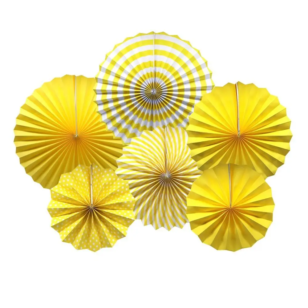 Party Hanging Paper Fans Set Yellow Round Pattern Paper Garlands Decoration for Birthday Wedding Graduation Events Accessories