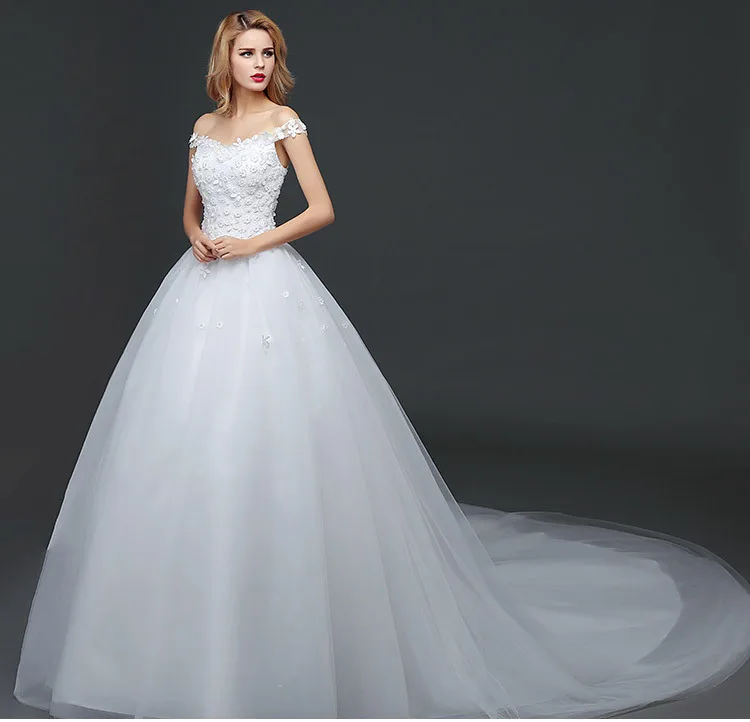 
Q017 In Stock Women Formal Dress Straps off shoulder Appliqued Flower Simple Elegant Organza Wedding Dress 2018 