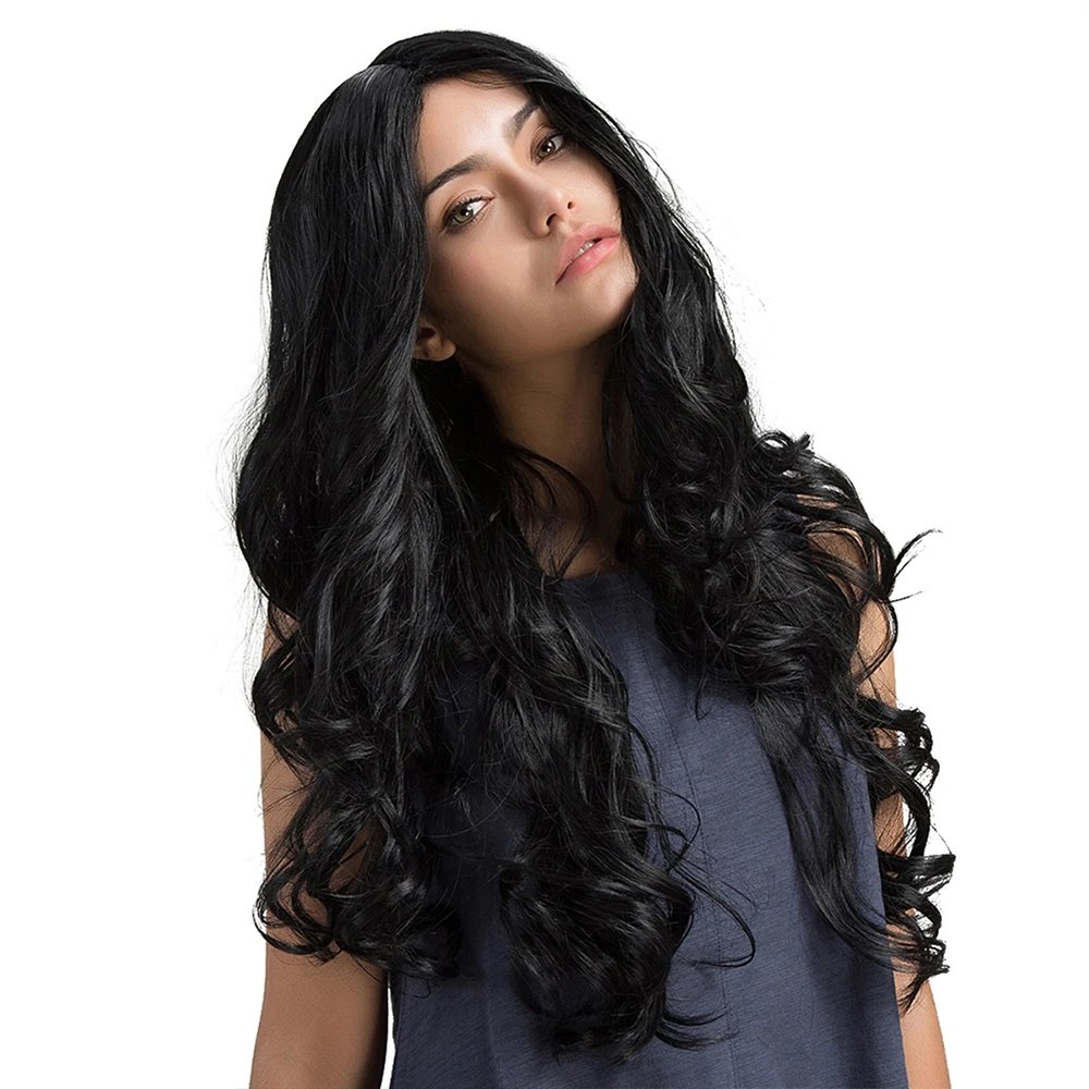 BVR Heat Resistant Black Long Curly Wave Perruques Naturelles Synthetic Fiber Wig