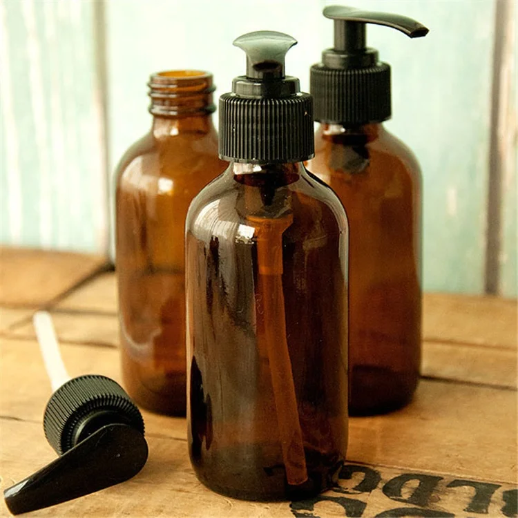 
Vintage inspired 250ml / 500ml boston amber glass bottle with black pump dispenser 