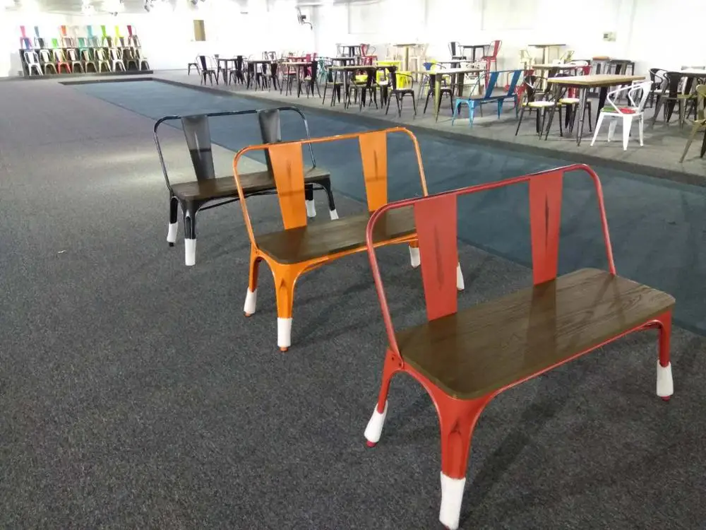 Colourful vintage color solid wood and metal park bench chair iron steel frame indoor and outdoor furniture dining chair