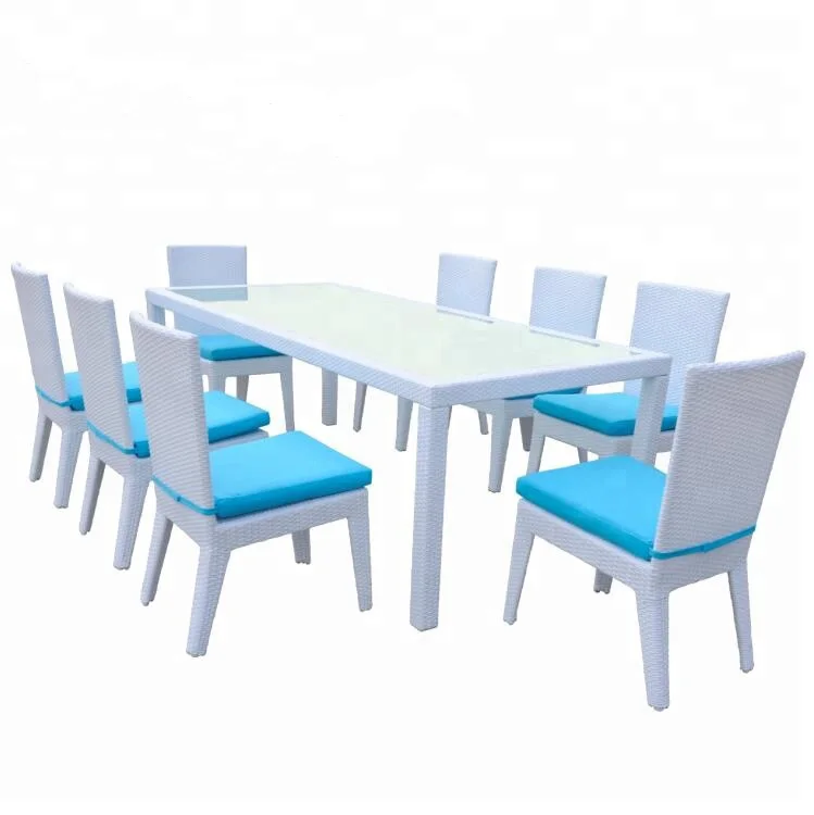 outdoor furniture rectangle long dining table set 8 seater table and chair paito rattan furniture white color garden dining set