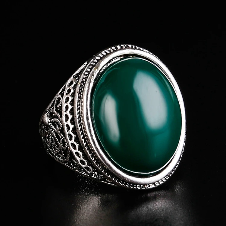 RW-115 Fashion Bohemia Style Big Agate Stone Retro Delicate Carving Anti-Silver Alloy Ring