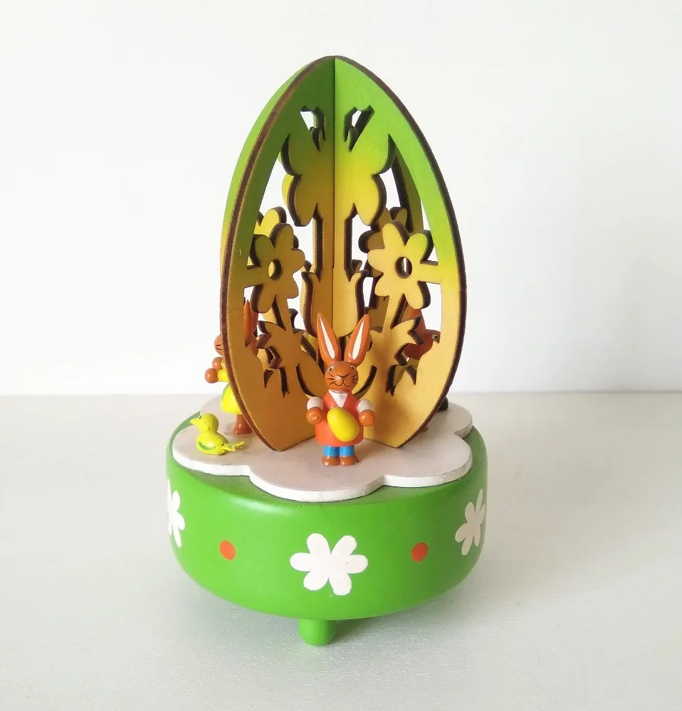Round flower religious crafts easter bunny music box wood for presents