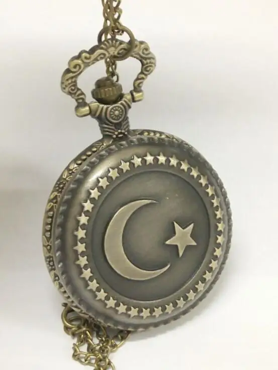 Antique Bronze Muslim Turkish Flag Design Moon Star Circle Quartz Pocket Watch Necklace Clock Pendant With Chain Men Women Gift