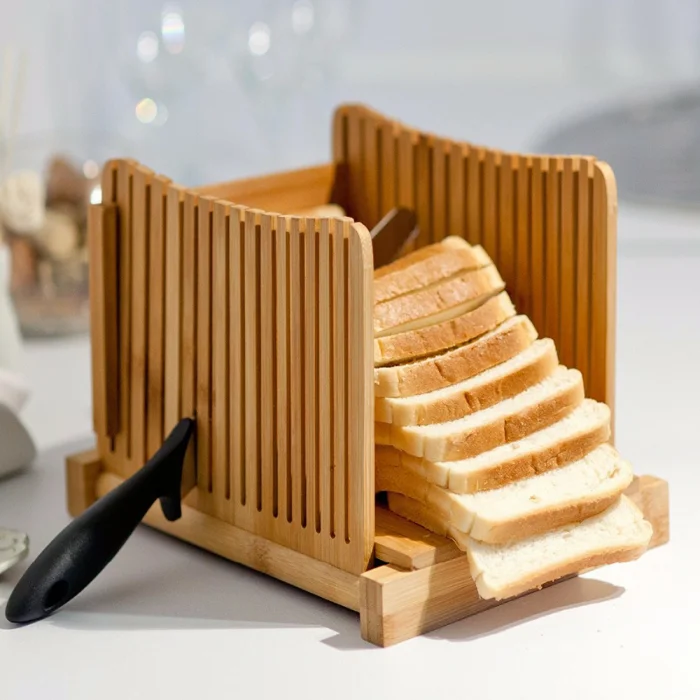Bread slicing guide Adjustable Foldable Nature Thickness Crumb Catcher Tray Wood Bamboo Bread Slicer with knife