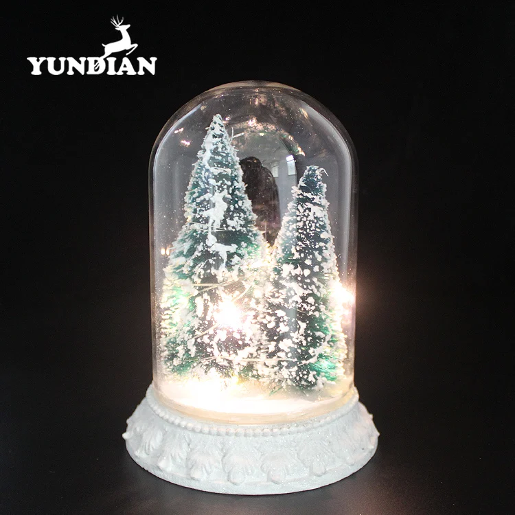 Wholesale hand made decorative led lighted up clear glass dome bell cloche ornament with base with christmas tree inside