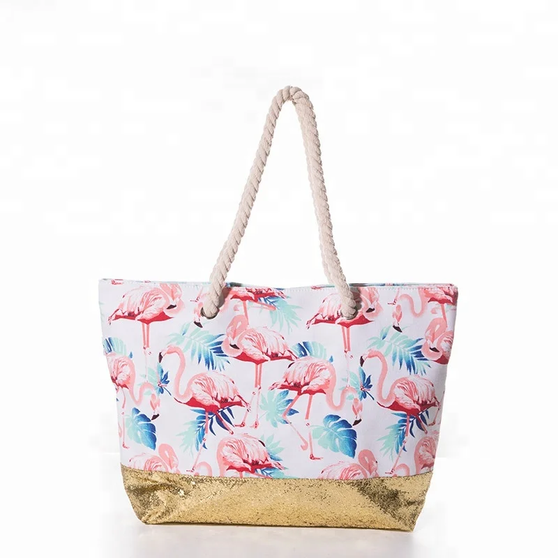 Women Rope Handle Canvas Beach Bag Flamingo