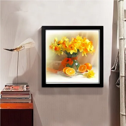 Yellow flower in glass and orange fruit painting on canvas
