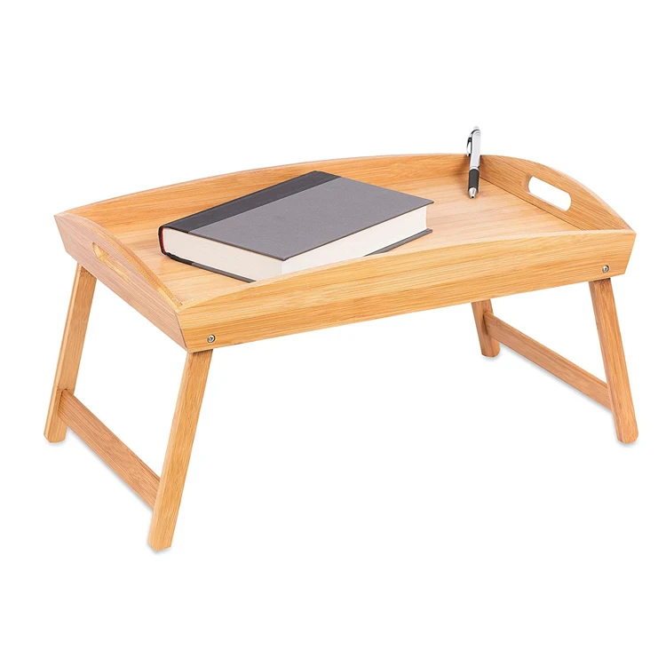 2021 Hot Bamboo Bed Tray Wooden Curved Sides Breakfast Serving Tray with Folding Legs