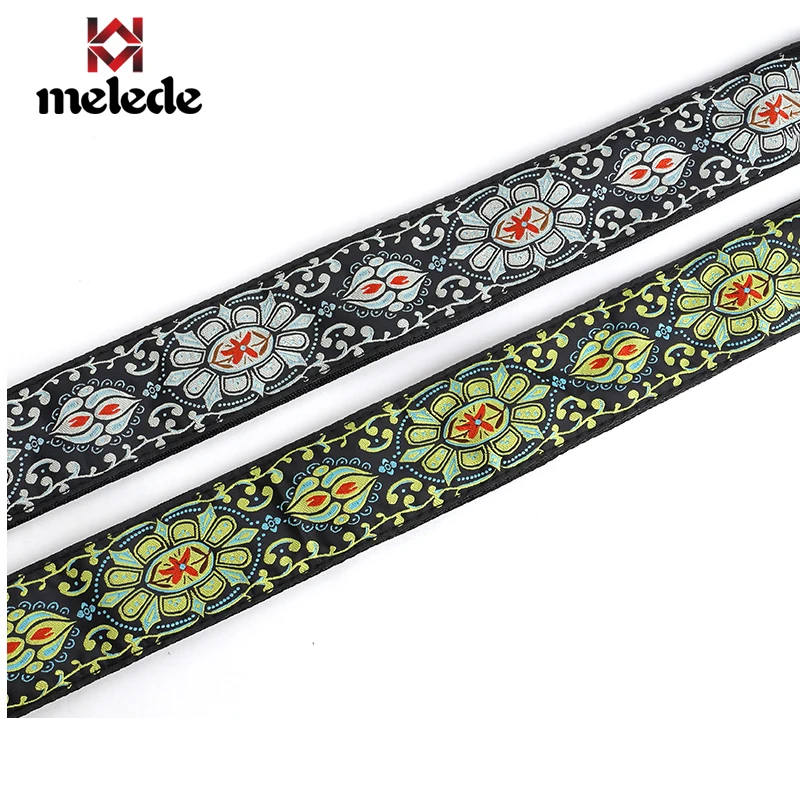 New products vintage jacquard woven 2 inch wide lotus acoustic guitar strap with real leather ends,green&black available