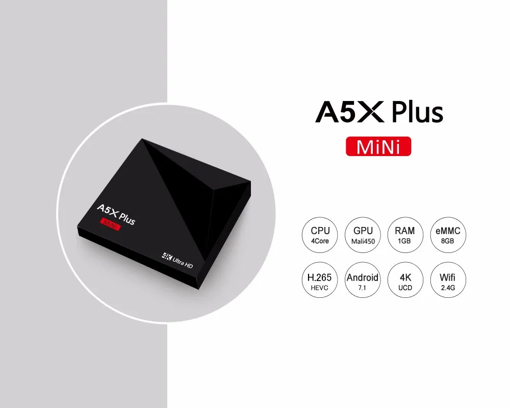 Android 7.1 A5X Плюс Мини TV BOX USB3.0 1 ГБ/8 ГБ VP9 4 К Media Player Wi-Fi Черный