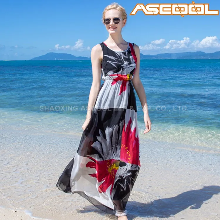 Dry cleaning elegant sleeveless 100% silk bohemian pattern long beach dress