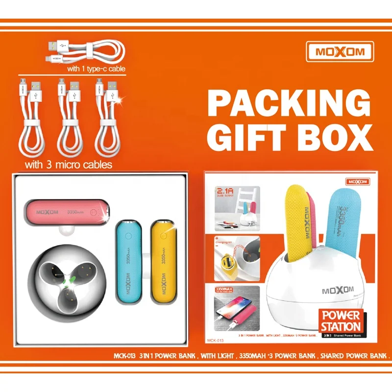 Gift items Power Bank Station Fast Charging 3 Mini PowerBank 3350mah MOXOM Powerbank Smart With Cables