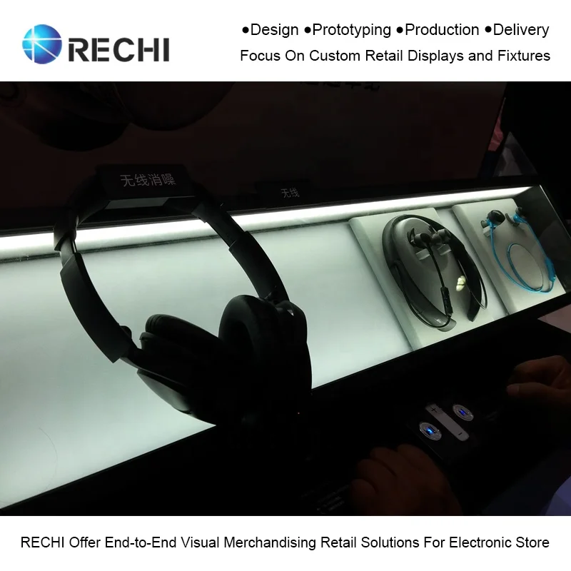 RECHI Custom Illuminated Acrylic Audio Product TWS Earphone Retail POS Display Stand With Led Light for Headphone Experience