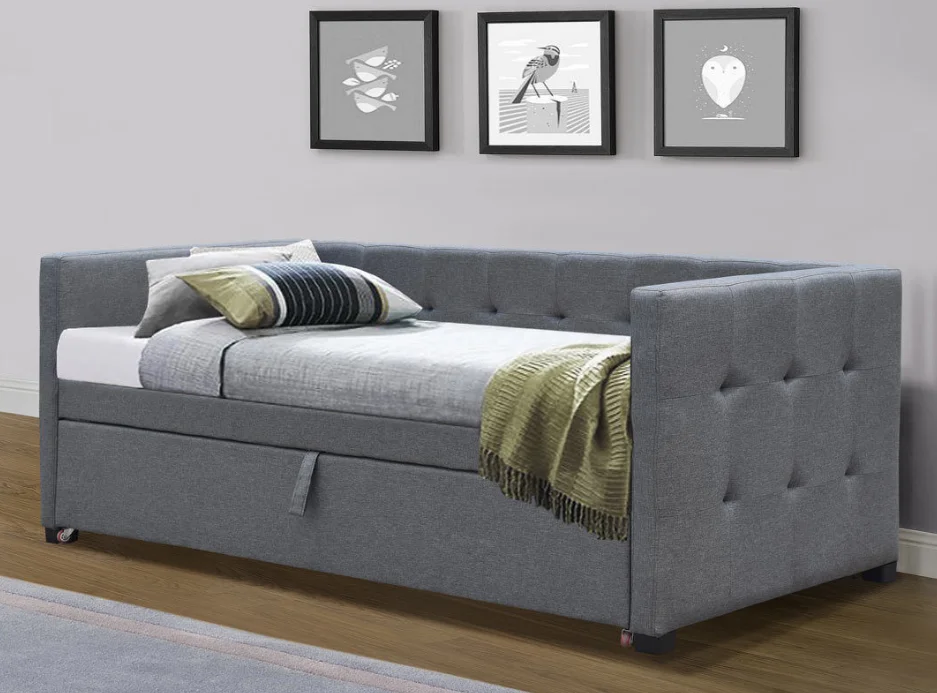 Single size Grey Charcoal Fabric Upholstered Day Bed with Pull Out Guest Trundle Bed