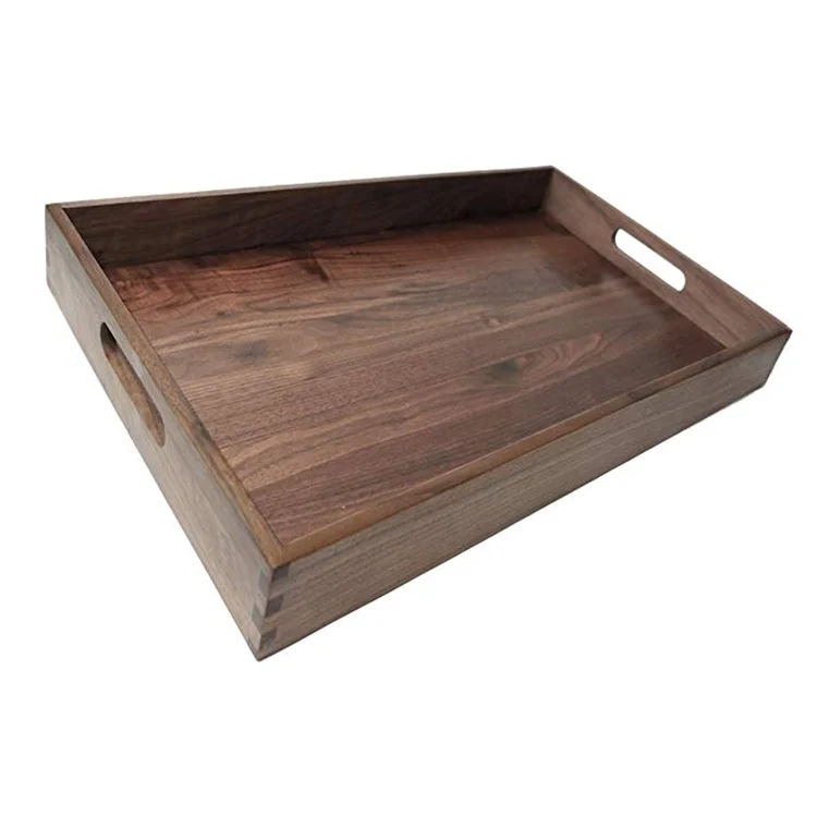 Large dark walnut wooden ottoman serving tray with handle