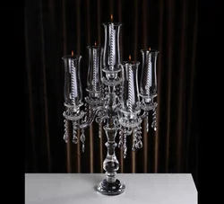 Высококачественный недорогой хрустальный канделябр на 5 рук для свадебного декора стола, оптовая продажа, стеклянный подсвечник с ураганом, распродажа