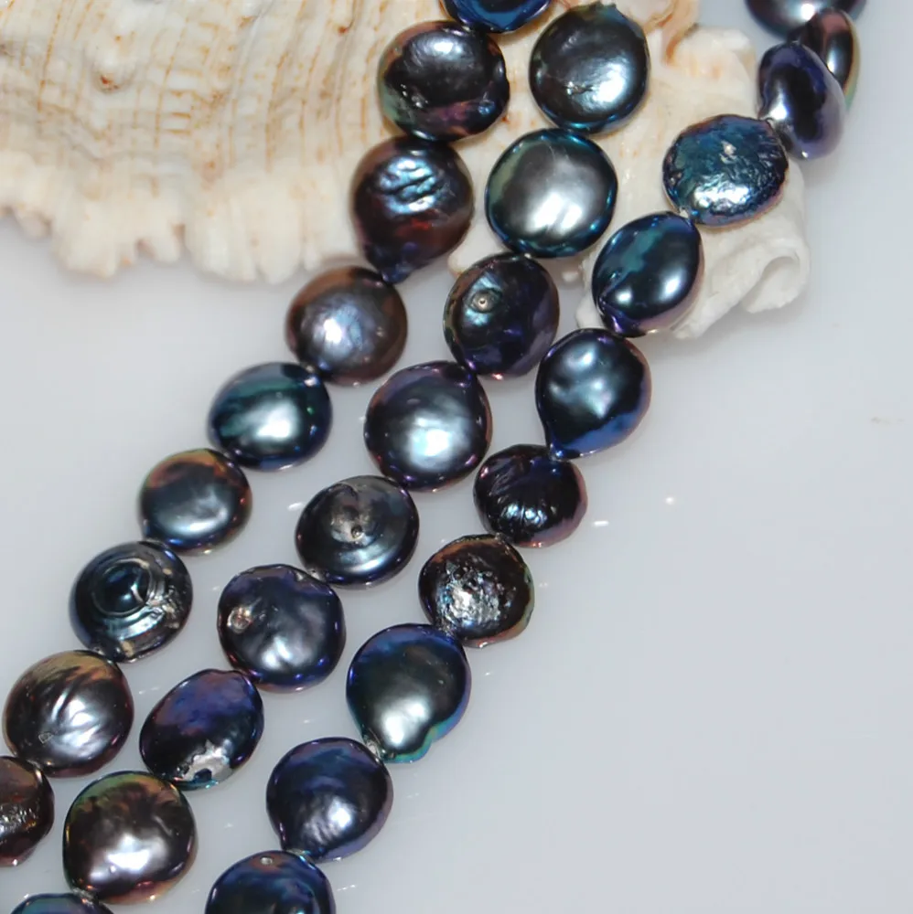 12-13mm peacock color coin natural freshwater pearl strands wholesale
