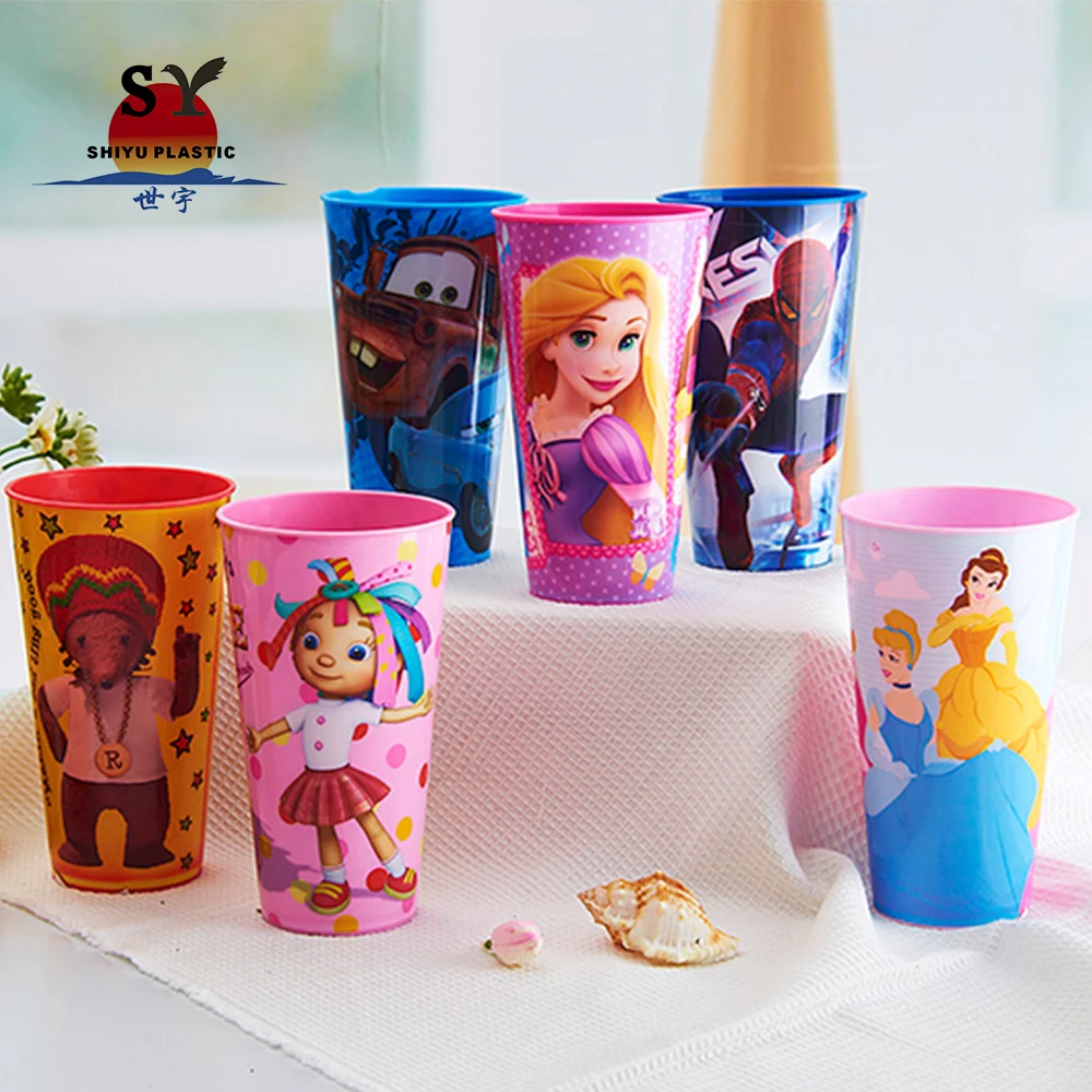 Low price 550ml cartoon snack reusable flower stackable branded 3d reusable kids drinking plastic cup with lids and straw