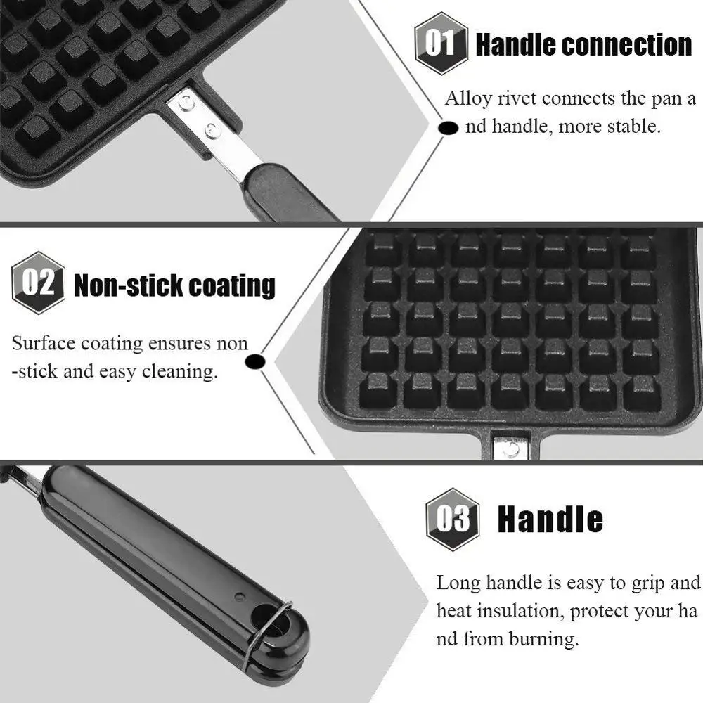 Waffle Mould Cast Aluminum Base Stovetop Belgium Waffle Iron Household Kitchen Gas Non-Stick Waffle Baking Pan Mold Press Plate