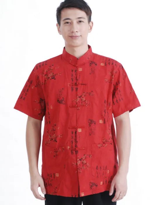 Men Short Sleeve Shirt Chinese Traditional Clothing Tang Suit Mandarin Collar Top