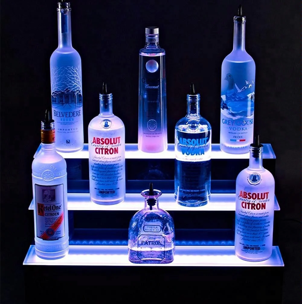 3-ступенчатая светодиодная акриловая полка для бутылок, 3-уровневая светодиодная полка для бутылок, 16 дюймов
