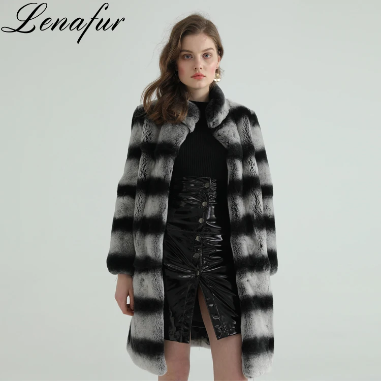 Fashion Custom Made Black Gray Stripe One Whole Leather Real Rabbit Fur Coat for Women