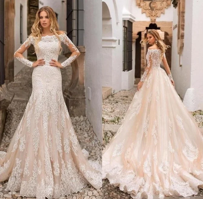 Luxury Unique Lace Wedding Gown With Long Sleeve