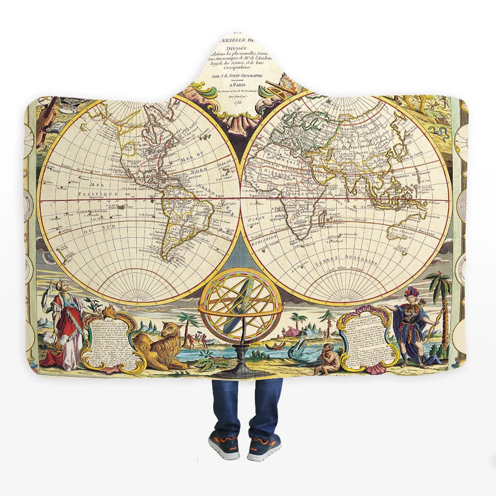
Sheepskin scroll vintage map with hooded cape blanket and thickened office hat blanket 
