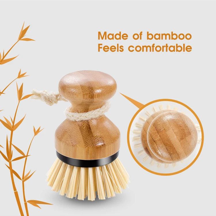 Masthome Household  Bamboo short Handle Bamboo dish scrub cleaning brush for kitchen with linen rope hook