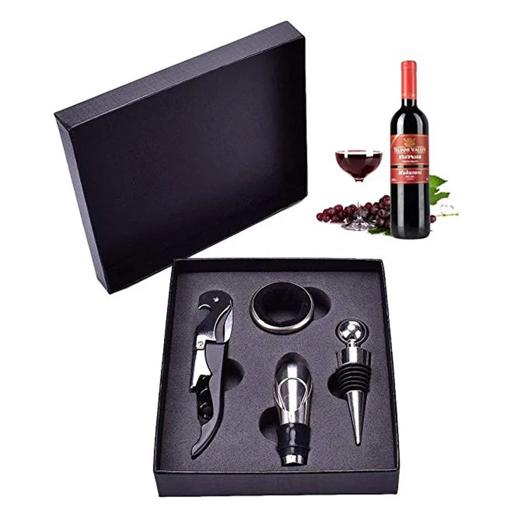 4Pcs Stainless Steel Wine Tool Kit Bottle Opener Corkscrew Set With Wine Stopper Pourer Drip Ring