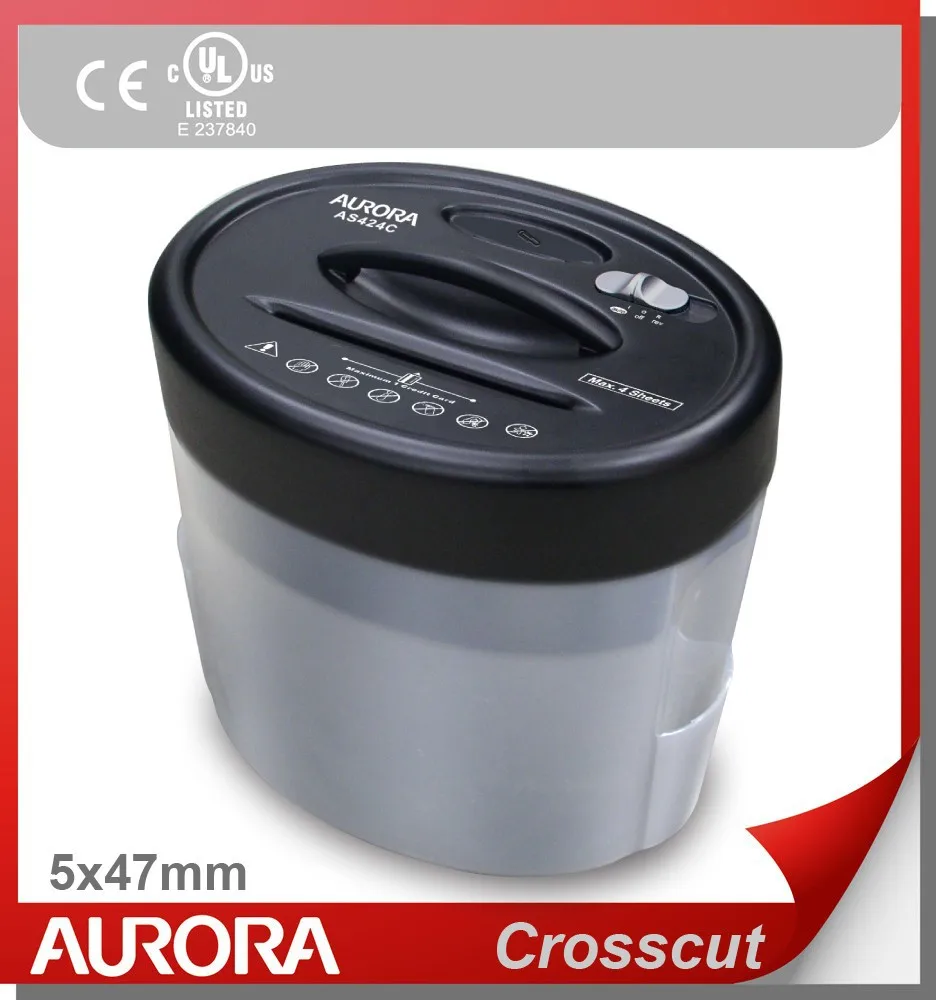 Aurora AS424C Plastic Paper Shredder, 4 sheet (A4) cross cut 5x47mm, Light Duty Shredding machine for Home & Office