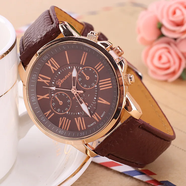 Часы для мужчин и женщин модные Женевские бренд римскими цифрами искусственная кожа кварцевые наручные часы женские часы