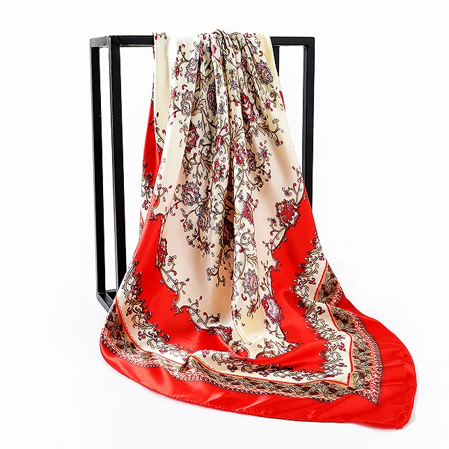 Women High Quality Flower Print 90*90 Square Twill Silk Scarf