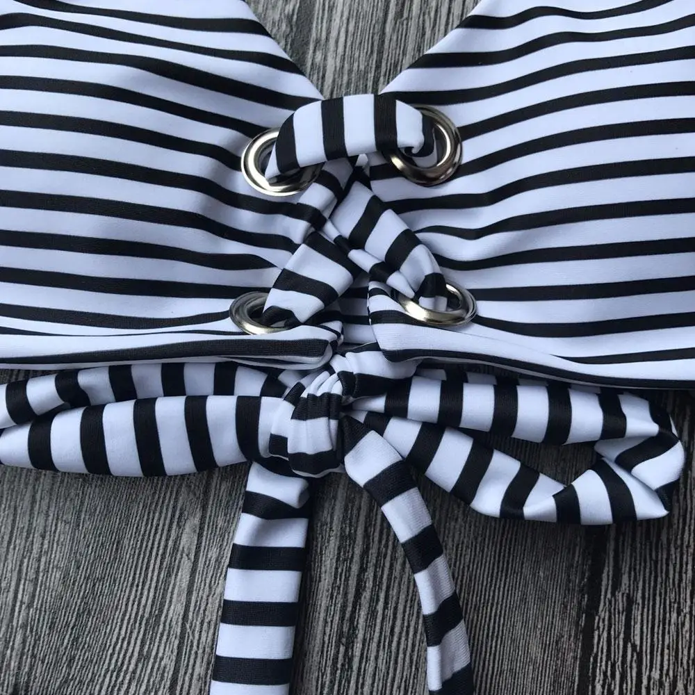 Striped Strappy High Waist Two Piece Women Bikini Swimsuit