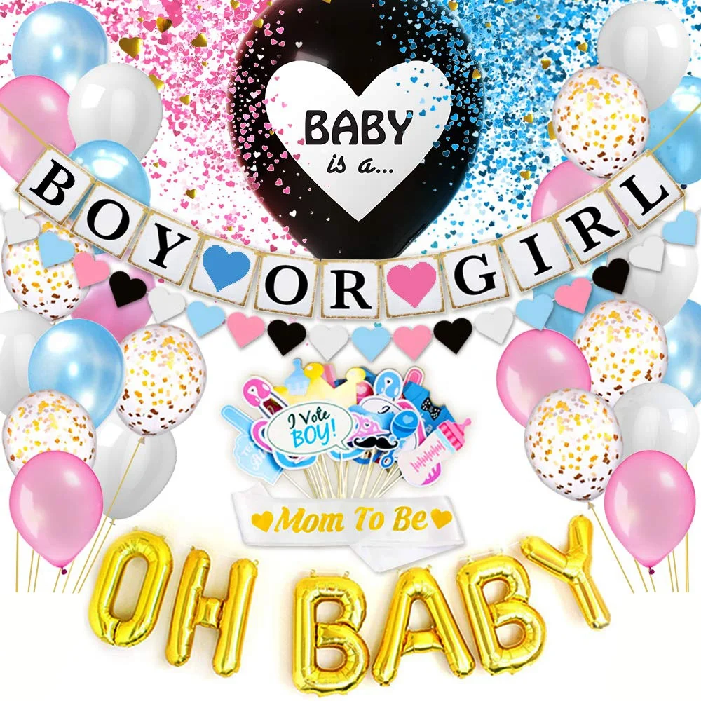 Nicro New Arrival 66 PCS Gender Reveal Supplies Background Ornament Bollon Banner Boy Or Girl Baby Shower Party Decoration Set