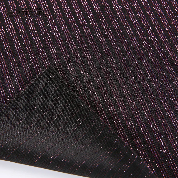 Professional purple plain dyed polyester silver shiny metallic lurex sweater knit fabric