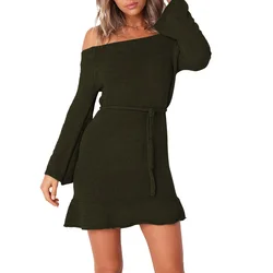 Winter Bodycon Wool One Piece Dress Women/Off The Shoulder Sweater Crochet Dress For Evening Party