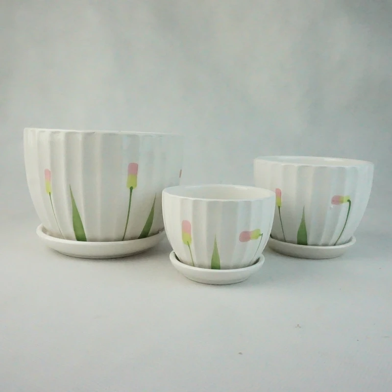 Set of 3 Small to Medium Sized Round Modern Ceramic Garden Flower Pots White Plant Pot Ceramic
