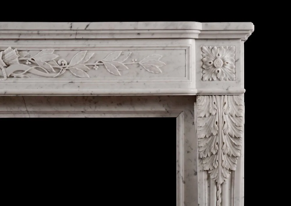European Style Bianco Carrera Hand Carved White Marble Fireplace Mantel